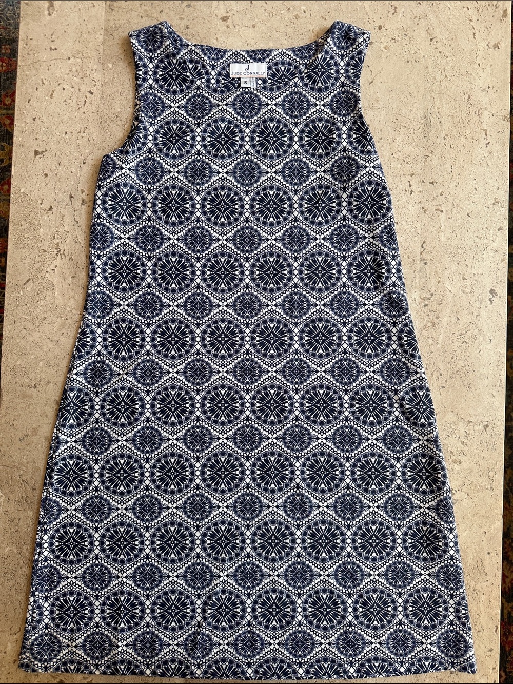 Jude Connally Navy and White Sleeveless Patterned Shift Dress